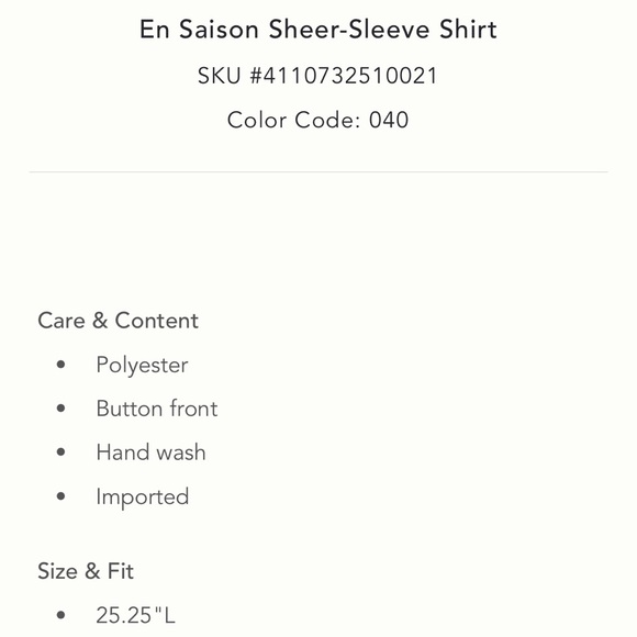 Anthropologie En Saison Sheer-Sleeve Shirt XS NWT - Picture 11 of 11